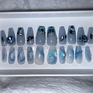 Handmade Press-On Nails Blue and Silver - Set of TWO